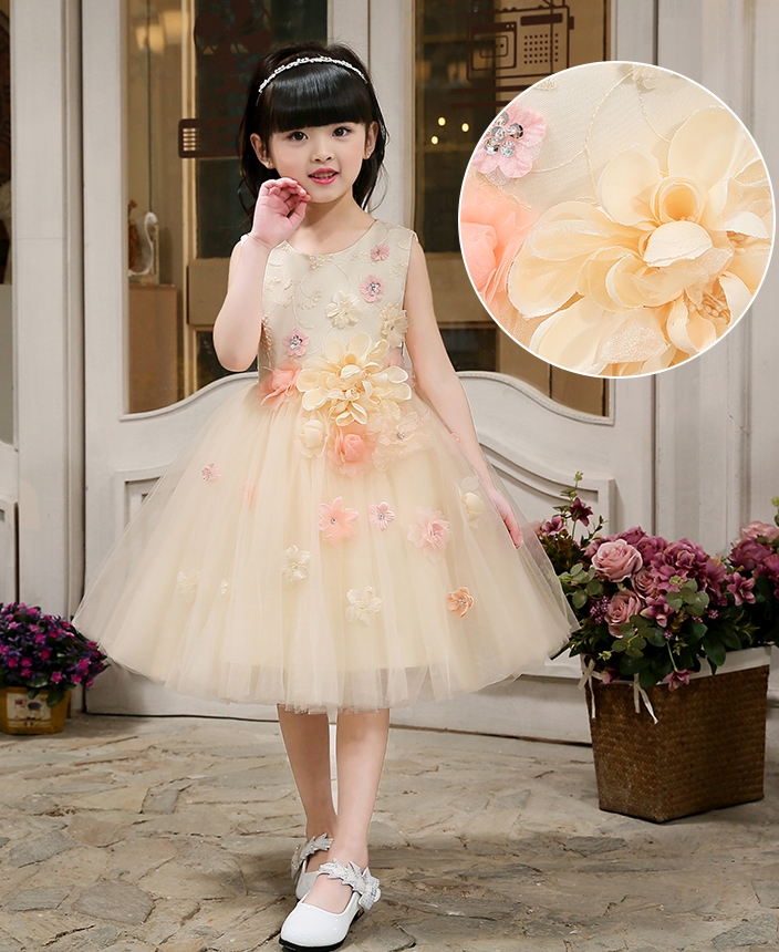 Pre-order ชุดราตรีเด็ก ชุดออกงาน ชุดกระโปรง สไตล์เจ้าหญิง แขนกุด แต่งดอกไม้สามมิติทั้งชุด มีซิปหลัง