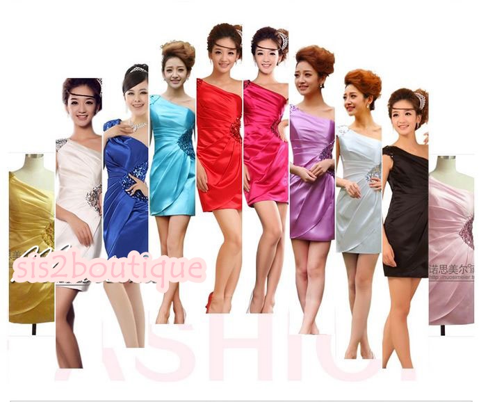 พร้อมส่ง ชุดราตรีสั้น ไหล่เดียว สีทอง จับเดรปเฉียงด้านหน้า แต่งเลื่อมช่วงไหล่และเอว