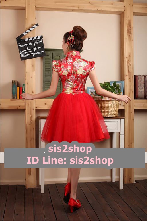 พร้อมเช่า ชุดแฟนซี ชุดราตรีสั้น สีแดง คอจีน แขนสั้น กระโปรงตาข่าย พองสวย
