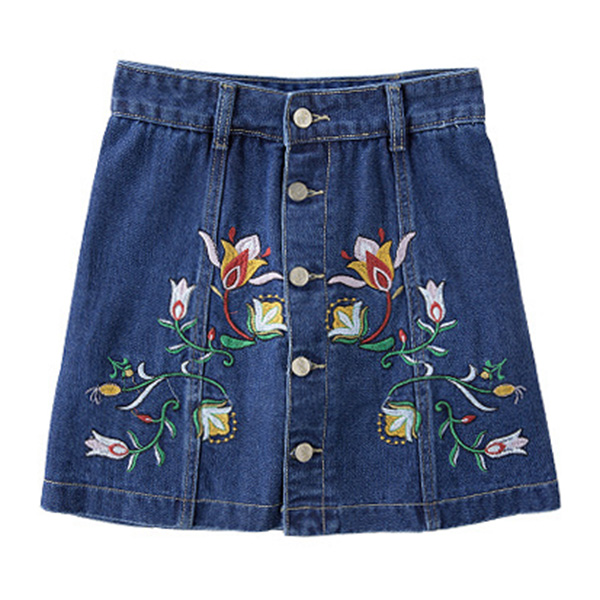กระโปรงกางเกงยีนส์ฟอกนิ่ม แต่งปักลายดอกไม้วินเทจ (12181X)