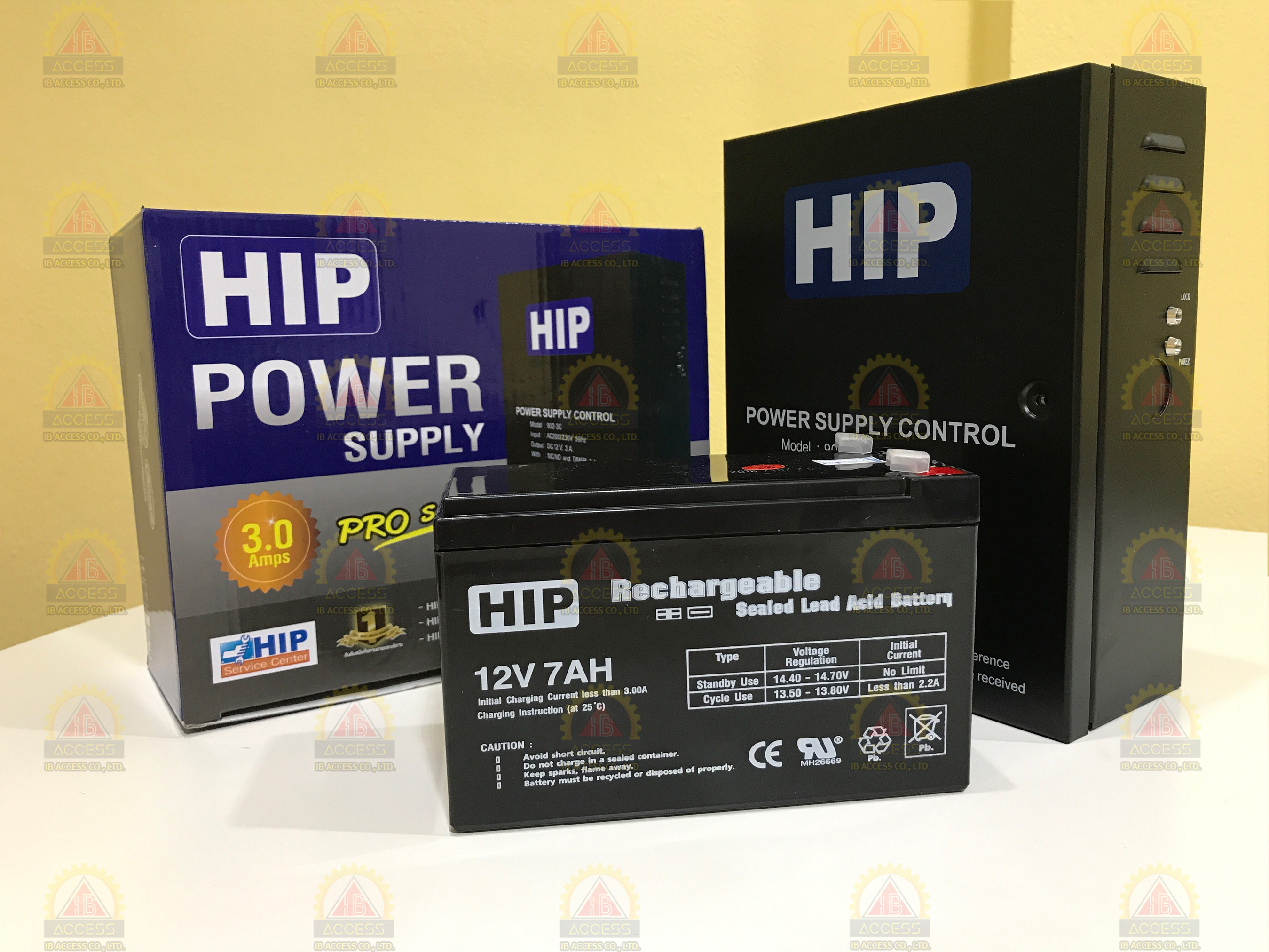 Power Supply 12Vdc 3A. ยี่ห้อ HIP รุ่น 902-3C พร้อม Battery 12V 7Ah. ยี่ห้อ HIP