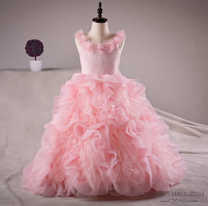 Pre-order ชุดราตรีเด็ก ชุดออกงาน ชุดกระโปรง สไตล์เจ้าหญิง แขนกุด คอกลม ผ้าลูกไม้ แต่งดอก กระโปรงผ้าแก้วเป็นชั้น ๆ แต่งโบว์ด้านหลัง ซิปหลัง