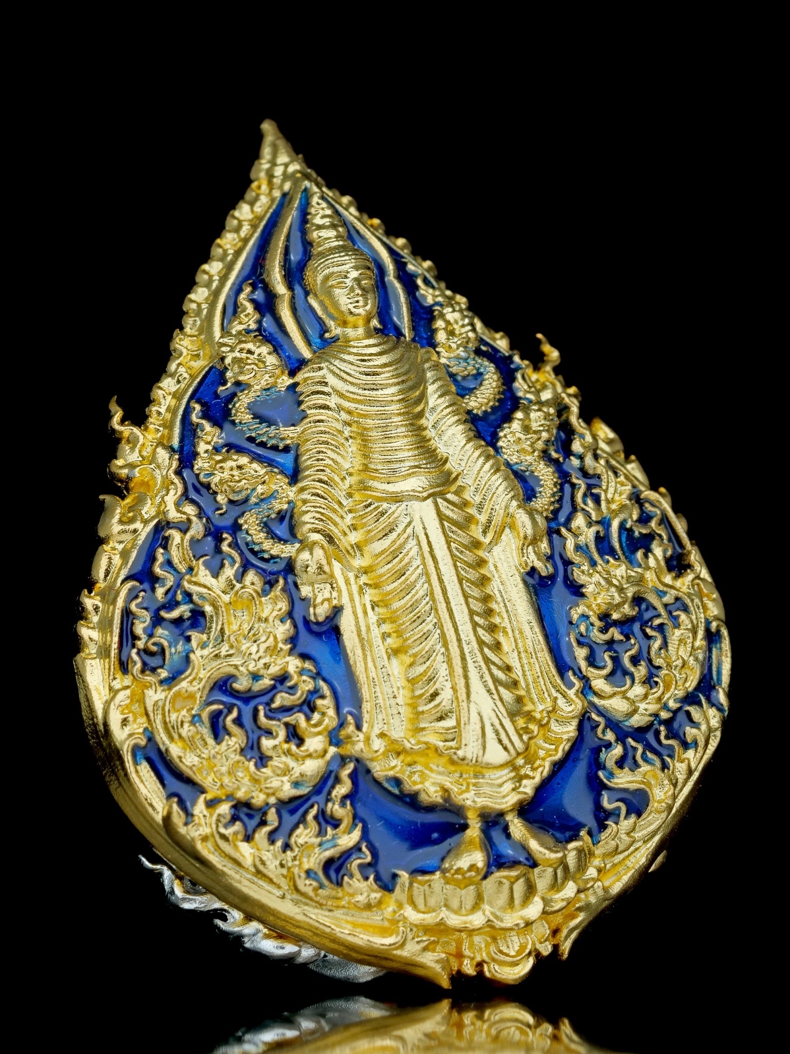 พระพุทธประทานพร รุ่น พุทธบารมี รหัส4 เนื้อบรอนซ์ชุบทอง ลงยาน้ำเงิน องค์ชุบ2K