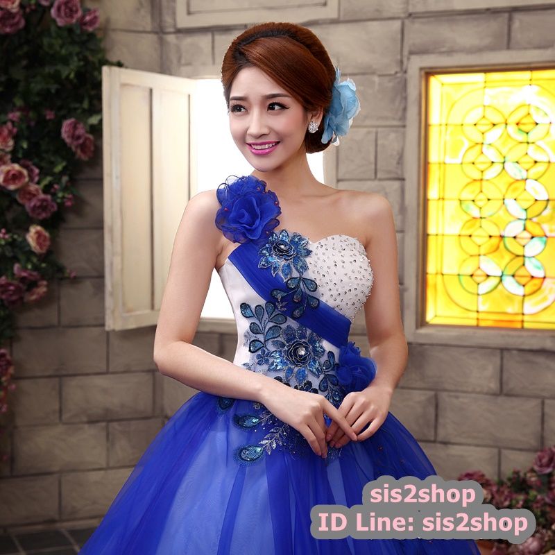 พร้อมเช่า ชุดแฟนซี ชุดราตรียาว เกาะอก ไหล่เดียว สีน้ำเงิน