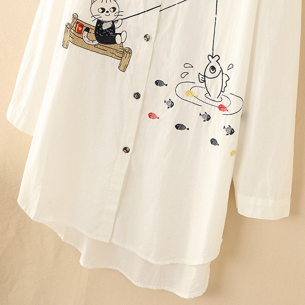 เดรสเชิ้ตแฟชั่นญี่ปุ่น แขนยาว ปักลายแมวตกปลา (12300LM)