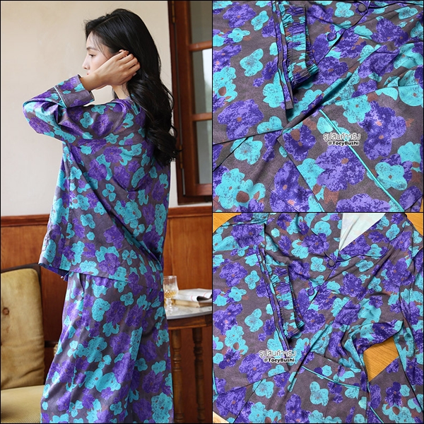 🚩พร้อมส่ง🚩ชุดนอนขายาว Silk Satin ไหมซาตินพรีเมี่ยม พิมพ์ลายดอกสไตล์วินเทจสีสด ผ้านุ่มลื่นละมุนผิว (ST122)