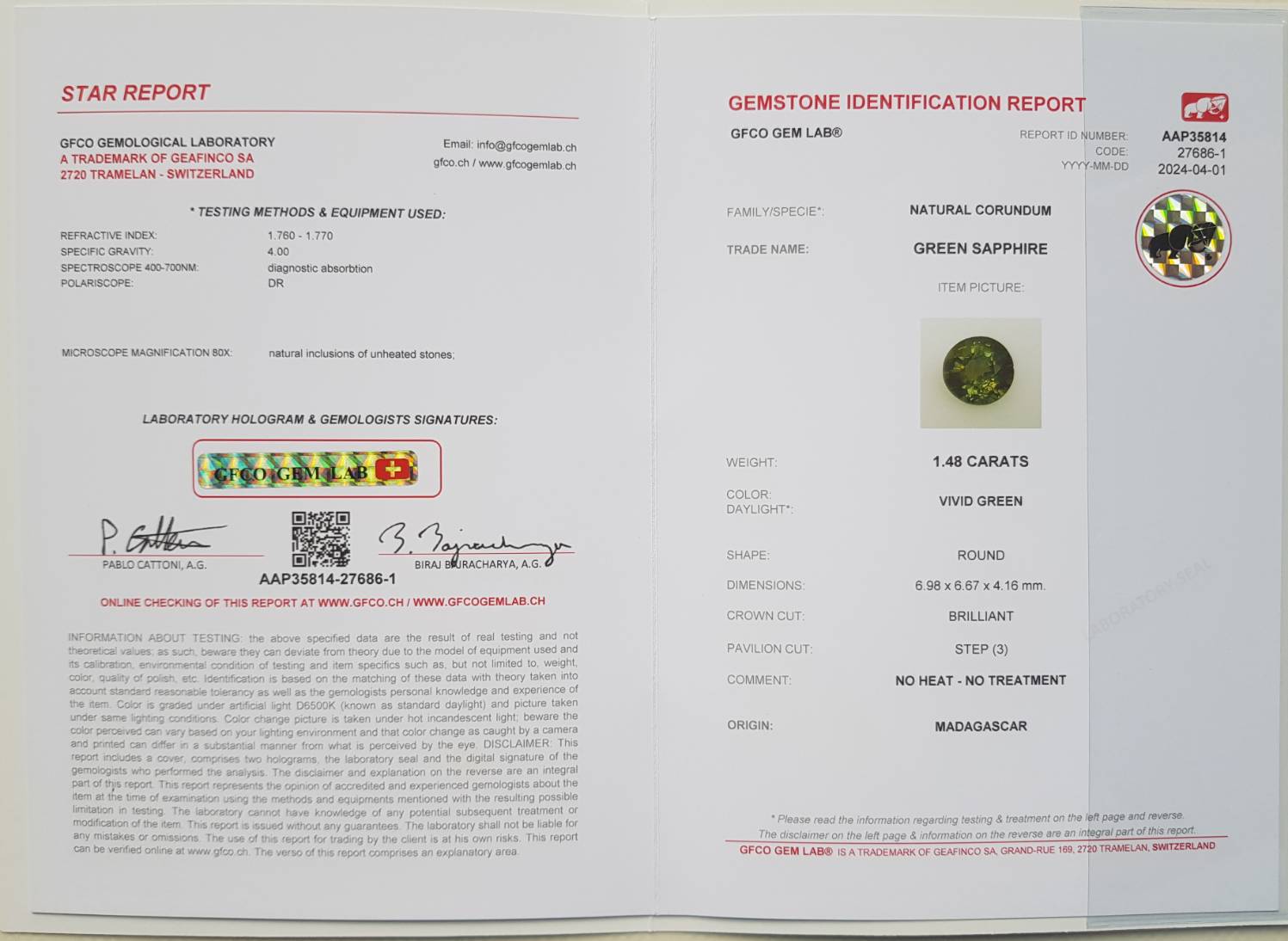 พลอย เขียวส่อง Green Sapphire 1.48 กะรัต (Cts.) ดิบ (Unheated) สี Vivid Green พร้อมใบเซอร์ (With Certificate) พลอยแท้ อัญมณีมงคลประจําวันเกิด เครื่องประดับพลอย