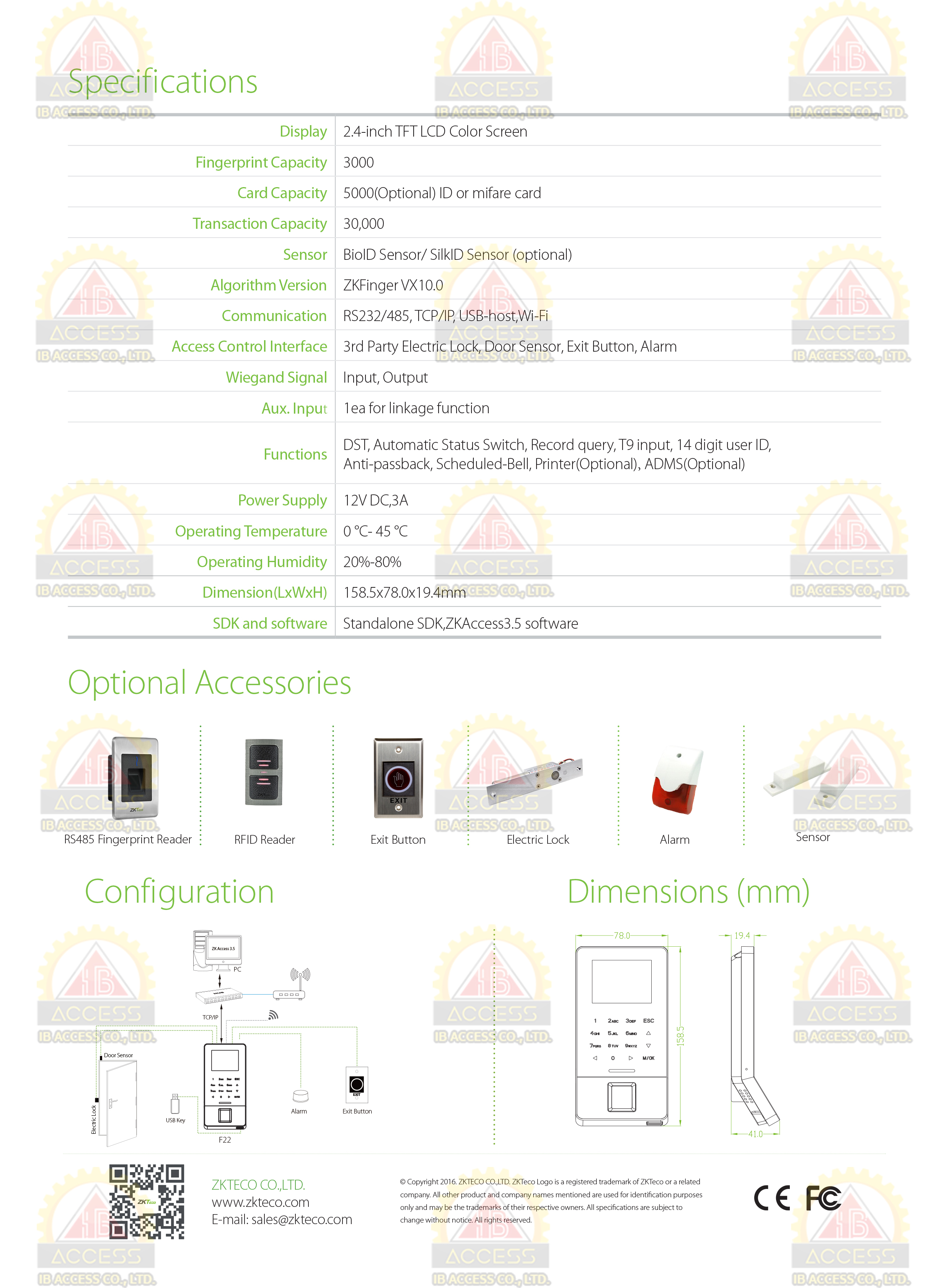 เครื่องสแกนลายนิ้วมือ ยี่ห้อ ZKTeco รุ่น F22 รองรับระบบ Access Control