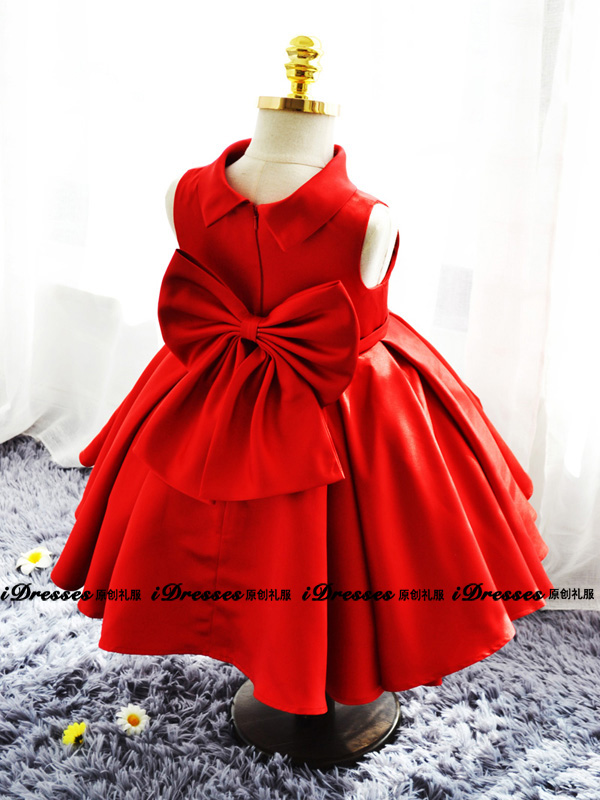 Pre-order ชุดราตรีเด็ก สีแดง สไตล์เจ้าหญิง ผ้าซาติน แขนกุด ทันสมัย เรียบหรู ด้านหลังคาดโบว์ใหญ่ ถอดออกได้