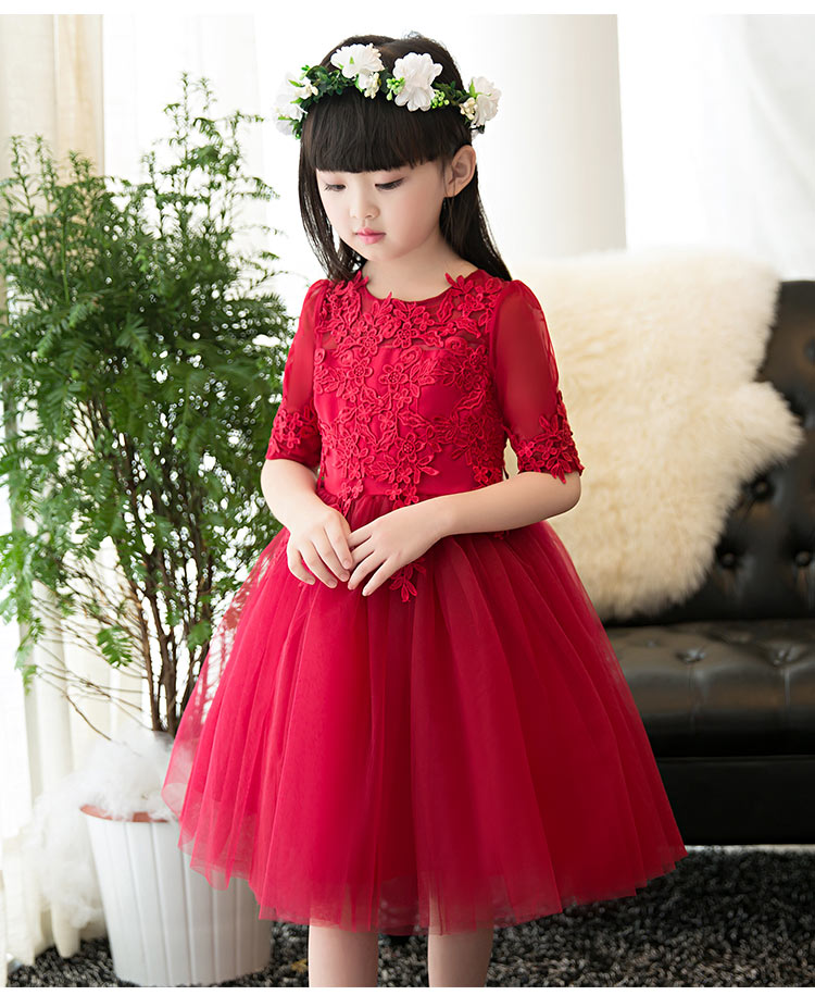 Pre-order ชุดราตรีเด็ก ชุดออกงาน ชุดกระโปรง สไตล์เจ้าหญิง แขนยาว แต่งผ้าลูกไม้ช่วงอก กระโปรงตาข่าย มีซิปหลัง