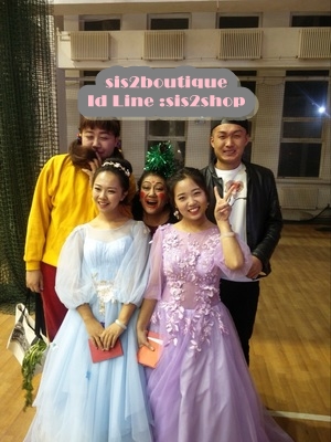 Pre-order ชุดแฟนซี ชุดเจ้าสาว ชุดราตรียาว สีฟ้า แขนโคมไฟ กระโปรงพองสวย เชือกผูกหลัง