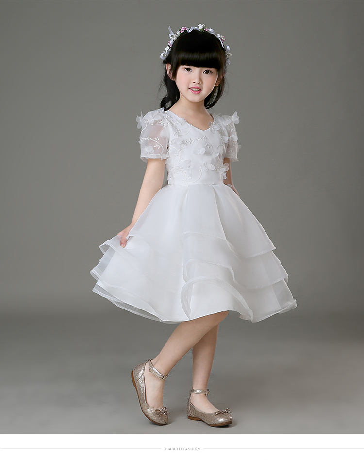 Pre-order ชุดราตรีเด็ก ชุดออกงาน ชุดกระโปรง สไตล์เจ้าหญิง แขนสั้น คอวี ผ้าลูกไม้ช่วงอก กระโปรงผ้าแก้ว เป็นชั้น ๆ มีซิปหลัง