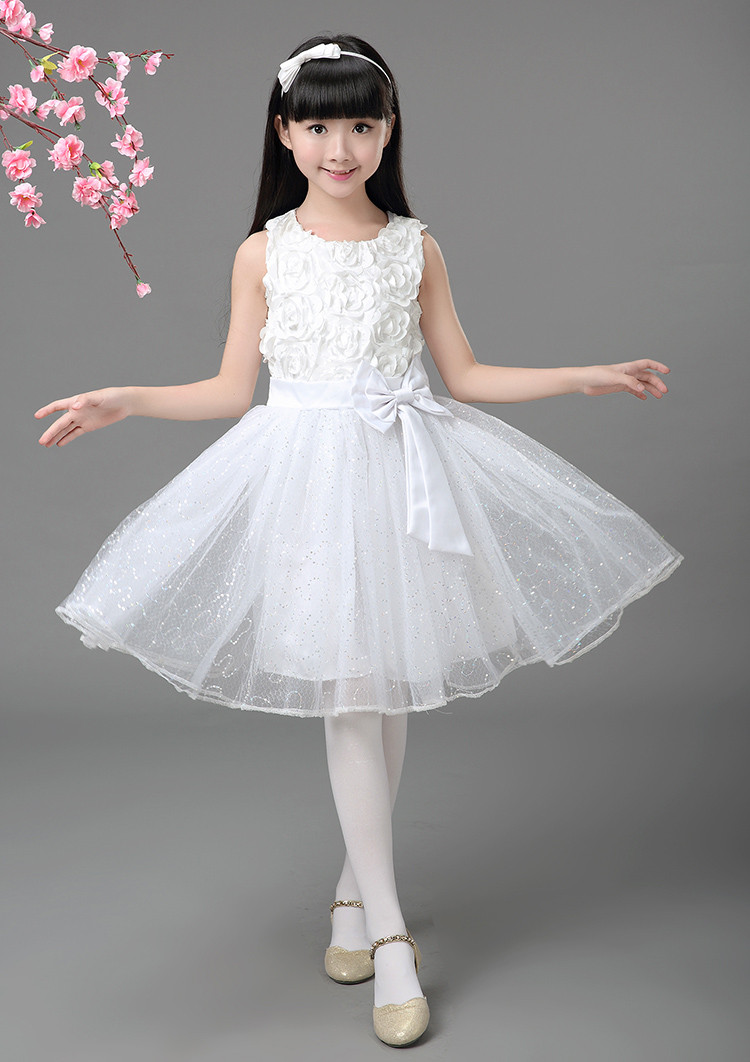 Pre-order ชุดราตรี ชุดแสดง แขนกุด คอกลม แต่งโบว์คาดเอว กระโปรงตาข่าย แต่งดอกช่วงอก