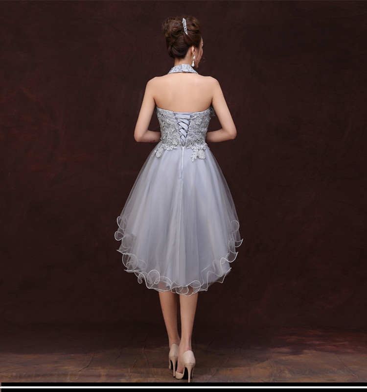 Pre-order ชุดราตรีสั้น เกาะอก ลูกไม้ หน้าสั้นหลังยาว พร้อมสร้อยคอลูกไม้ ถอดแยกได้ กระโปรงตาข่าย