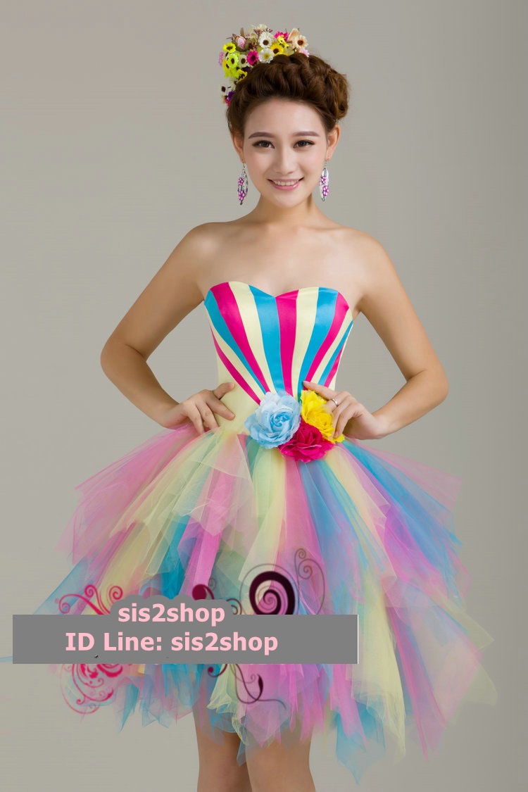 พร้อมเช่า ชุดแฟนซี ชุดราตรีสั้น เกาะอก Sweet Heart แต่งดอกช่วงเอ สายรุ้ง Rainbow เชือกผูกหลัง