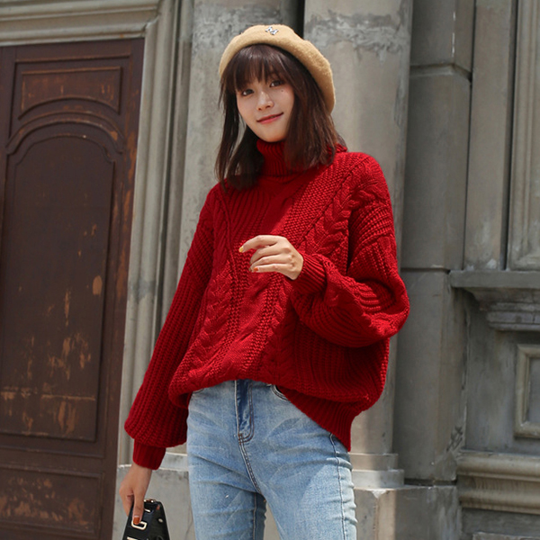 เสื้อสเวตเตอร์คอเต่าทรงโอเวอร์ไซส์ แขนบอลลูนน่ารัก (12397B)