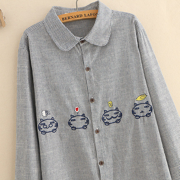 เดรสเชิ้ตแฟชั่นญี่ปุ่น แขนยาว แต่งปักลายแมว (12264LM)