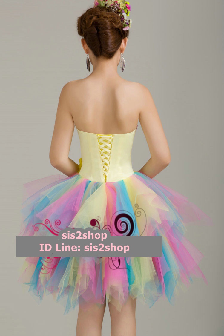 พร้อมเช่า ชุดแฟนซี ชุดราตรีสั้น เกาะอก Sweet Heart แต่งดอกช่วงเอ สายรุ้ง Rainbow เชือกผูกหลัง