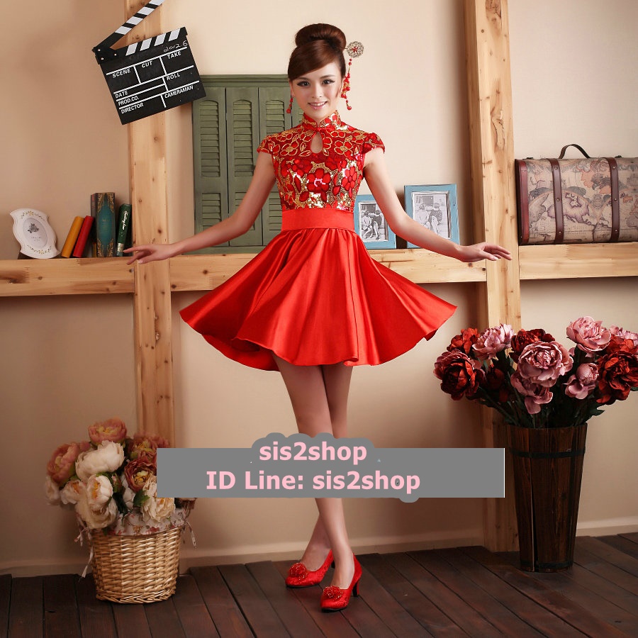 พร้อมเช่า ชุดแฟนซี ชุดราตรีสั้น ชุดกี่เพ้า คอจีน สีแดง กระโปรงจับจีบสวย