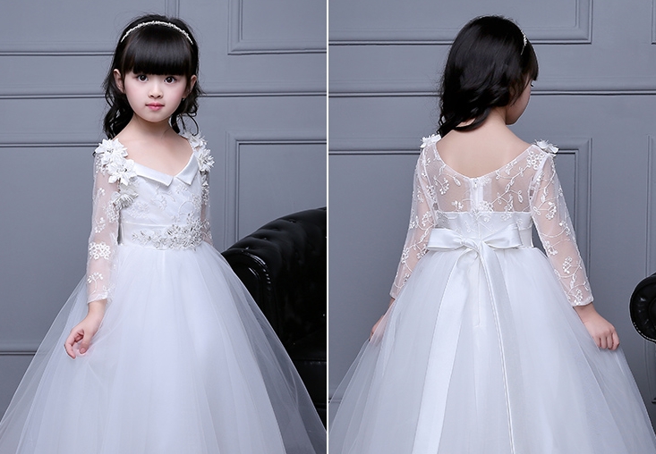 Pre-order ชุดราตรีเด็ก ชุดออกงาน ชุดกระโปรง สไตล์เจ้าหญิง แขนยาว คอกว้าง แต่งลูกไม้ กระโปรงตาข่ายฟู มีซิปหลัง