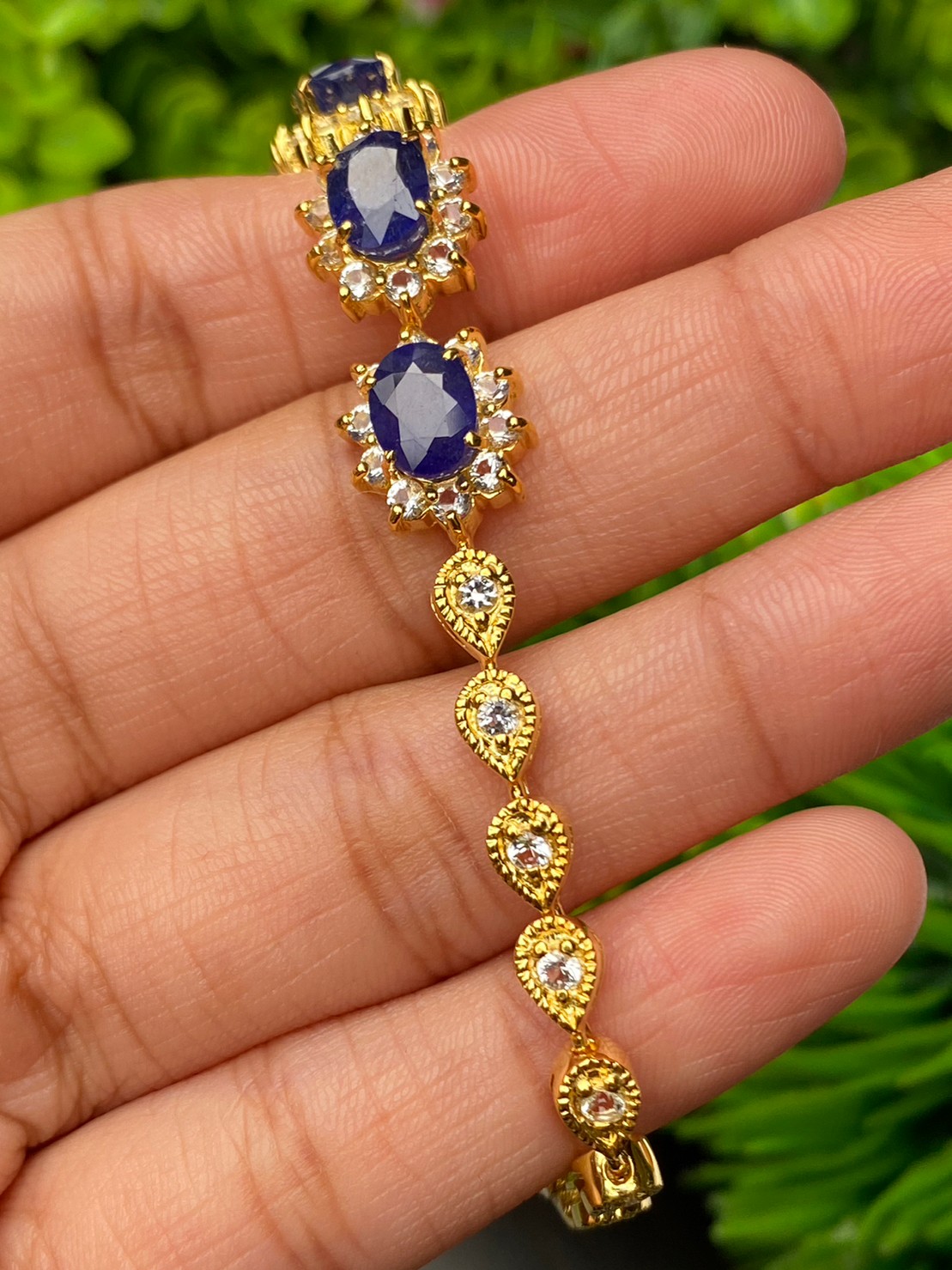 สร้อยข้อมือ พลอยแท้ ไพลิน Blue Sapphire Bracelet 14 กะรัต 5 เม็ด พลอยแท้ อัญมณีมงคลประจําวันเกิด เครื่องประดับพลอย