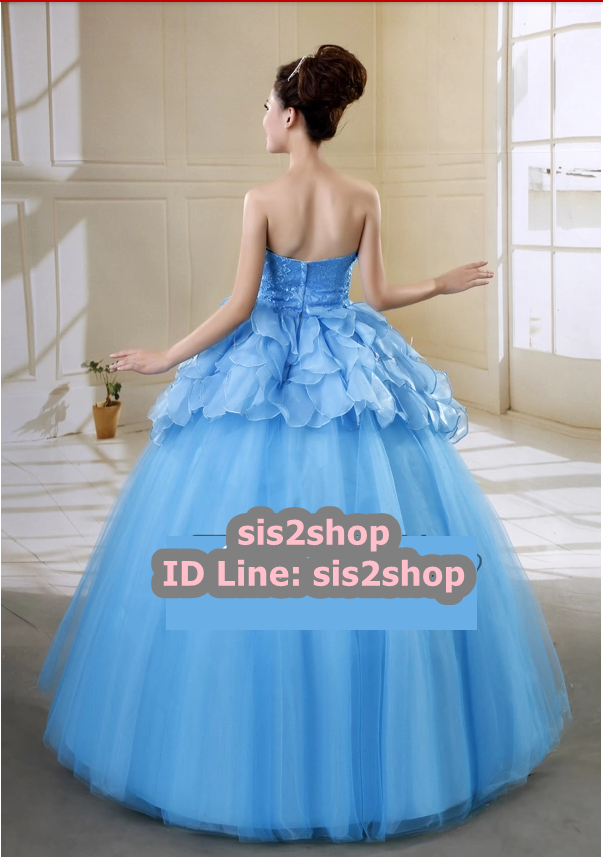 พร้อมเช่า ชุดแฟนซี ชุดราตรียาว สีฟ้า เกาะอก สไตล์เจ้าหญิง ซิปหลัง