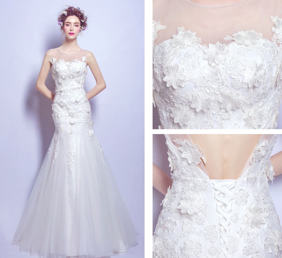 ชุดเจ้าสาว ชุดราตรียาวแขนกุด สีขาว ทรงหางปลา ผ้าลูกไม้ เว้าหลัง เชือกผูกหลัง สวยหรู สำเนา