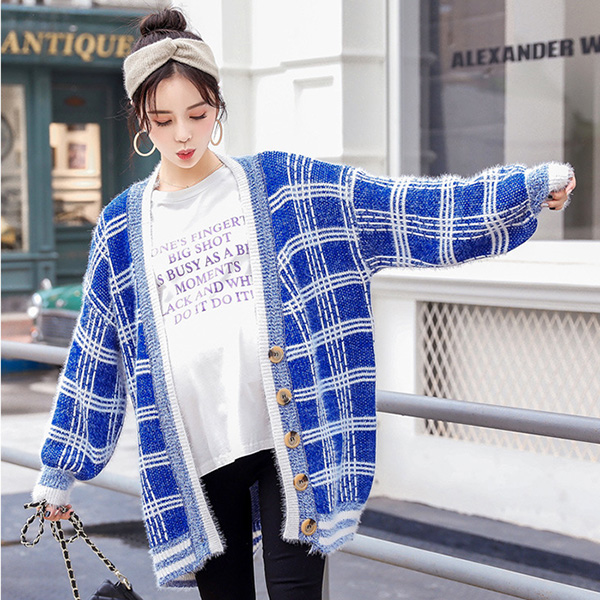 Premium Cardigan เสื้อคลุมไหมพรมขนนุ่ม คอวี ถักลายตาราง (12276B)