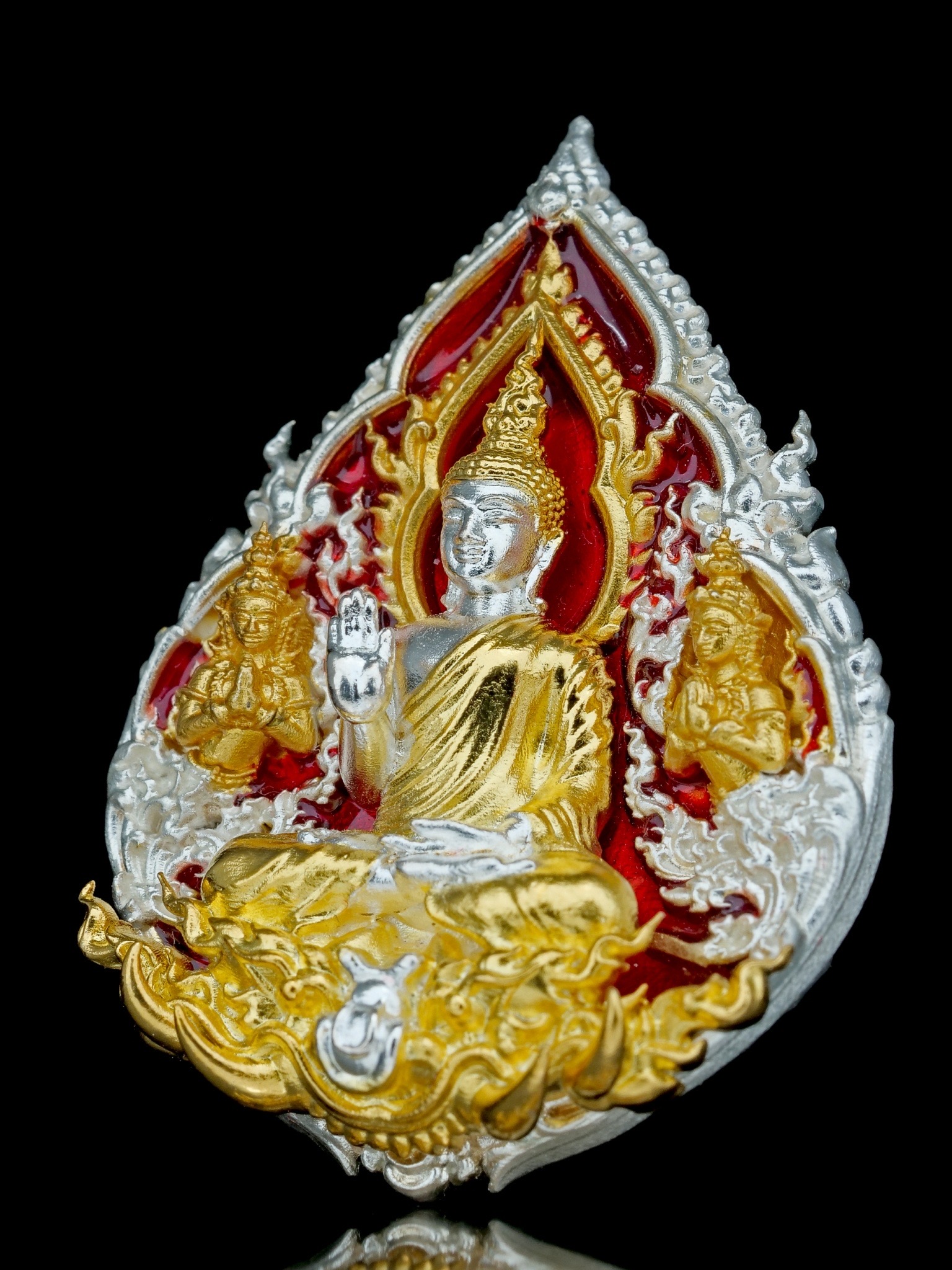 พระพุทธประทานพร รุ่น พุทธบารมี รหัส3 เนื้อบรอนซ์ชุบเงินชุบทอง ลงยาแดง องค์ชุบ2K