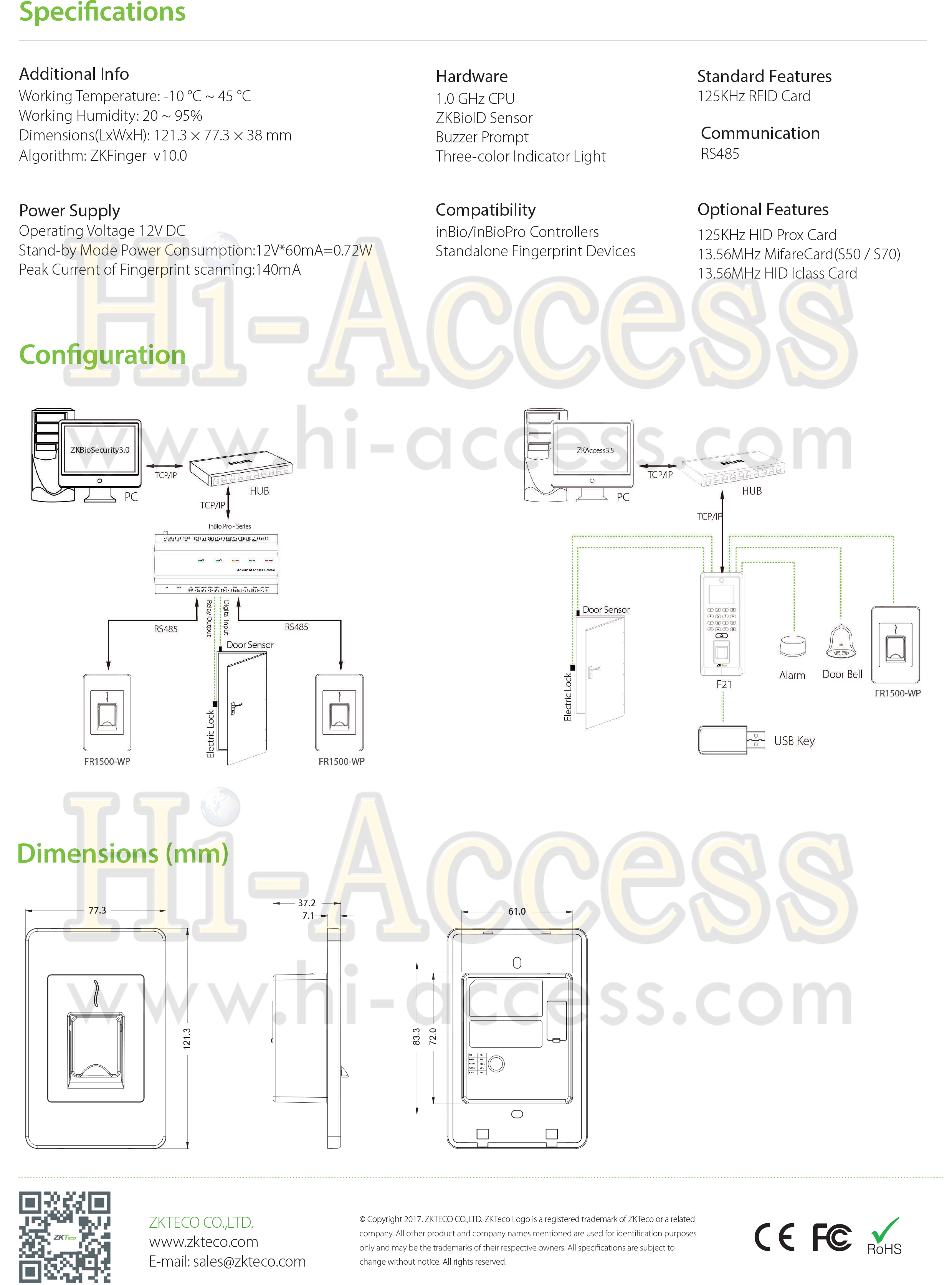 หัวอ่านลายนิ้วมือ ยี่ห้อ ZKTeco รุ่น FR1500-WP/ID สำหรับระบบ Access Control