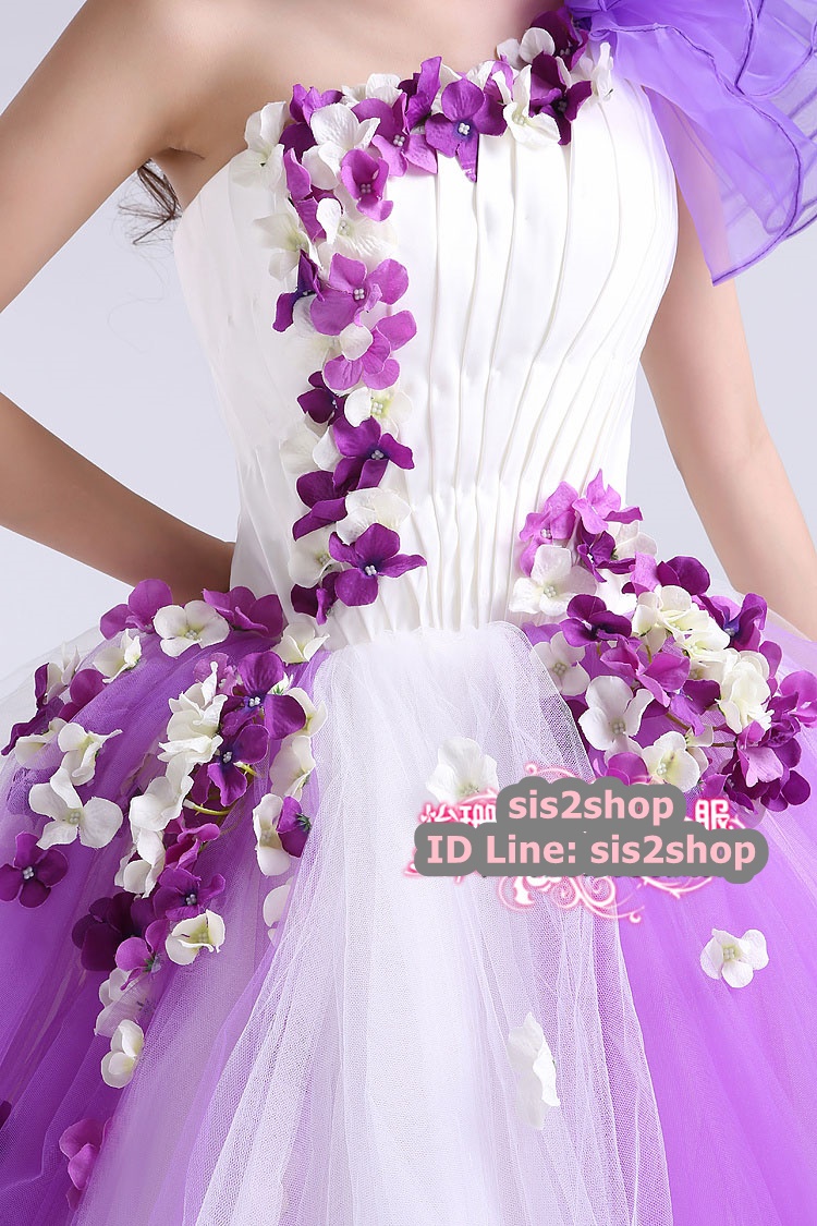 พร้อมเช่า ชุดแฟนซี ชุดราตรียาว สีม่วง+ขาว เกาะอก ไหล่เดียว แต่งดอกไม้ แต่งระบายช่วงไหล่
