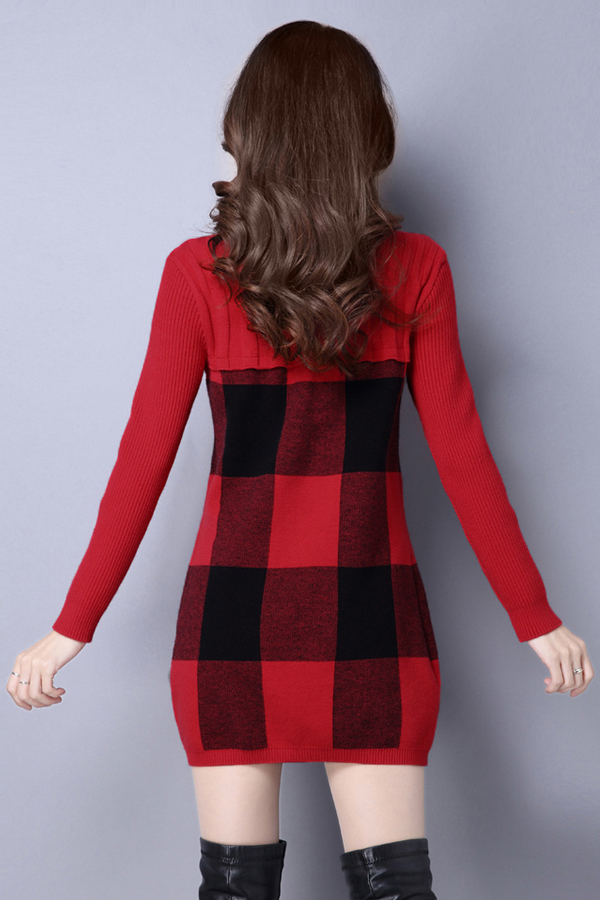 เดรสไหมพรมคอเต่า แขนยาว ถักลายตาราง (12219B)