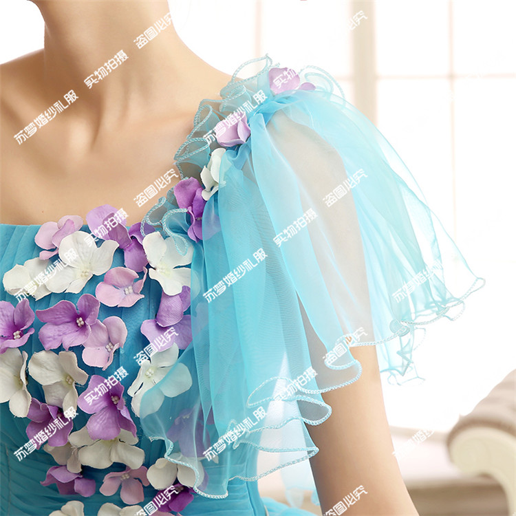 Pro-order ชุดราตรี ชุดแฟนซีสั้น แบบเกาะอก ไหล่เดียว แต่งดอกไม้แฮนด์เมด กระโปรงพองสวย เชือกผูกหลัง