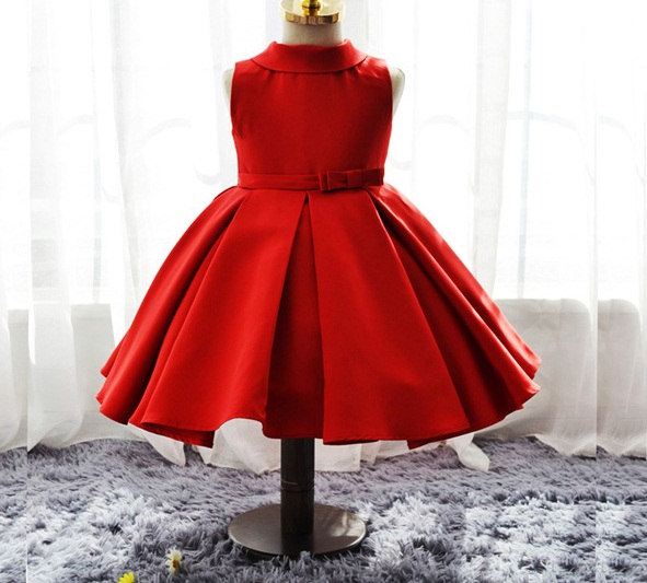Pre-order ชุดราตรีเด็ก สีแดง สไตล์เจ้าหญิง ผ้าซาติน แขนกุด ทันสมัย เรียบหรู ด้านหลังคาดโบว์ใหญ่ ถอดออกได้
