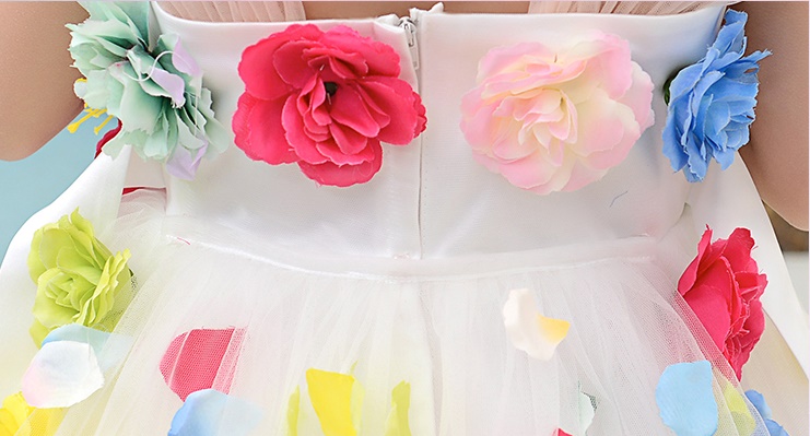 Pre-order ชุดแฟนซี ชุดราตรีเด็ก แขนกุด แต่งดอกไม้สามมิติ กระโปรงตาข่าย ซิปหลัง มีหางยางสวยงาม สำเนา