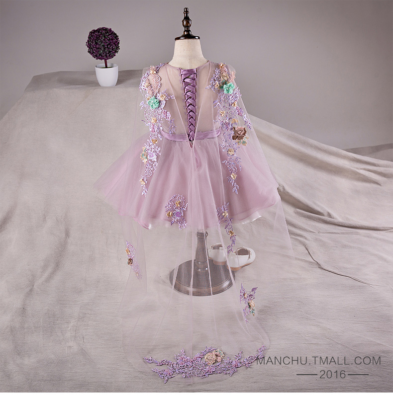 Pre-order ชุดราตรีเด็ก ชุดออกงาน ชุดกระโปรง สไตล์เจ้าหญิง แขนยาว คอวี ผ้าตาข่าย แต่งดอกไม้ ปล่อยชายด้านหลัง เชือกผูกหลัง