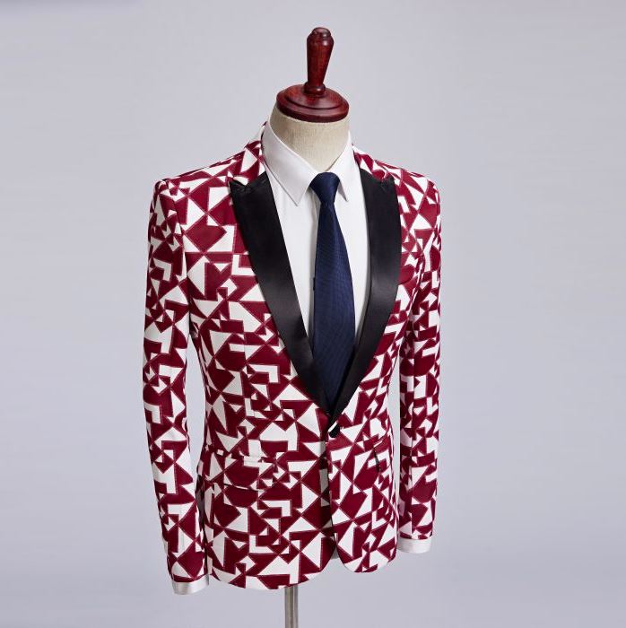 เช่า เสื้อสูท สูทแฟนซี สีแดงขาว แต่งปกคอดำ พิมพ์ลายกราฟฟิก
