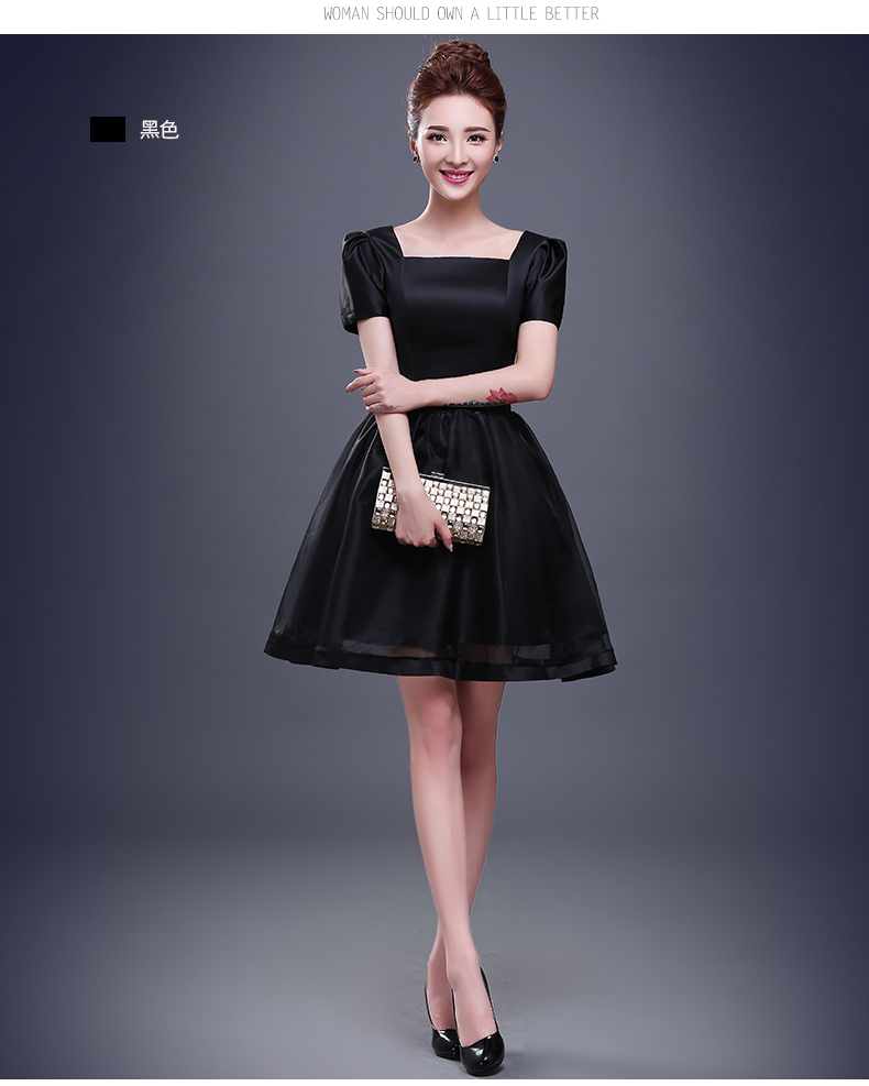 Pre-order ชุดราตรีสั้น สีดำ เรียบหรู แขนตุ๊กตา เนื้อซาติน + ผ้าโปร่ง มีซับใน เข็มกลัดโบว์ติดด้านหลัง (เชือกผูกหลัง) สำเนา สำเนา