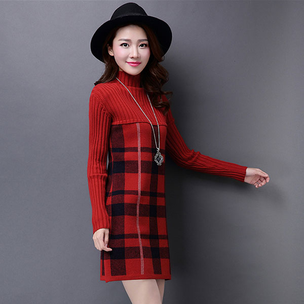 เดรสคอเต่ากันหนาว ไหมพรมกึ่งวูลหนานุ่มทอลาย (11767B)