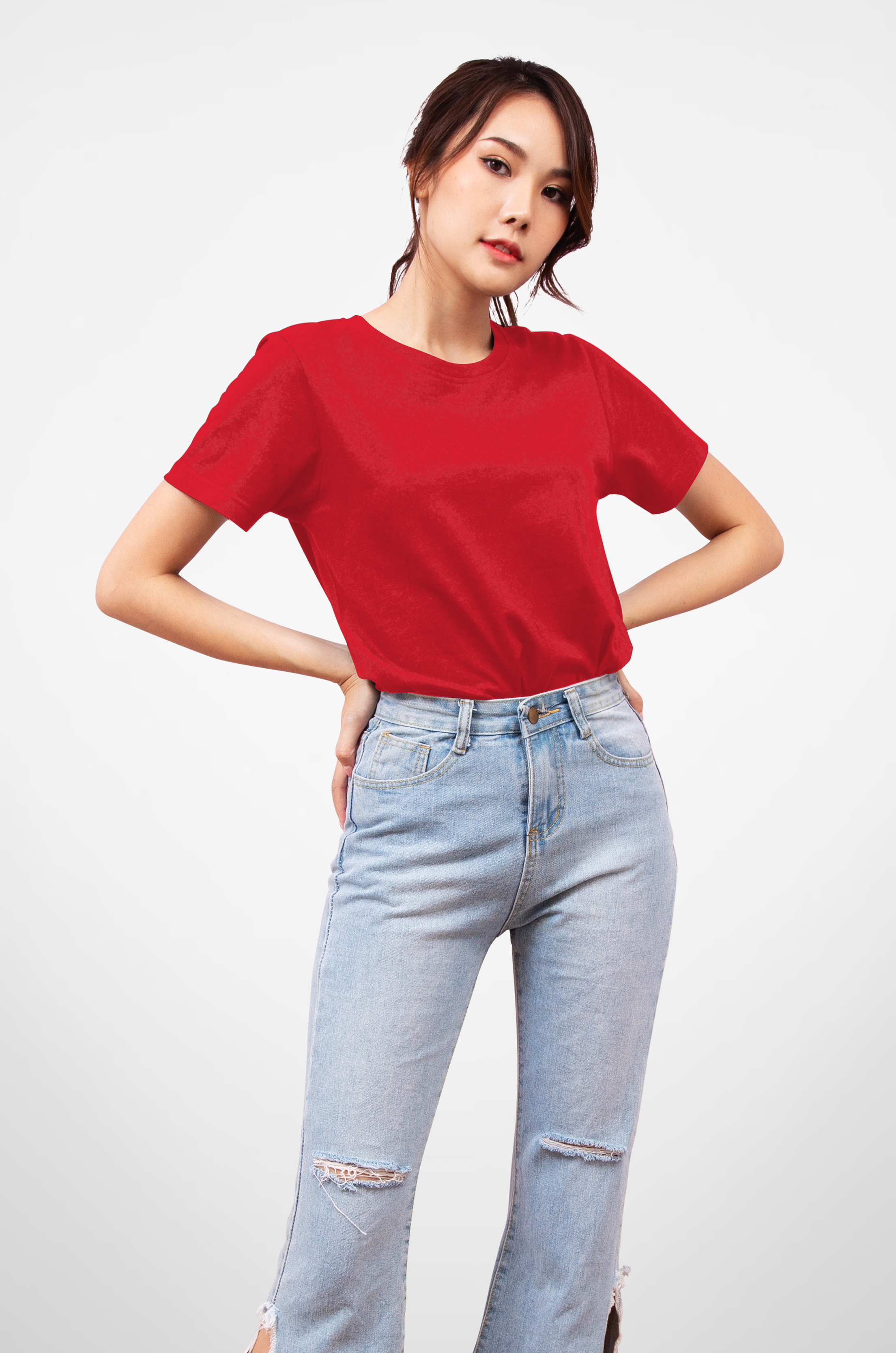 Noproblem Noproblem ยอดขาย No.1 รับประกัน ไม่ย้วย ไม่ยืด ผ้านุ่ม เสื้อยืด สีพื้น เสื้อยืดคอกลม สีแดง