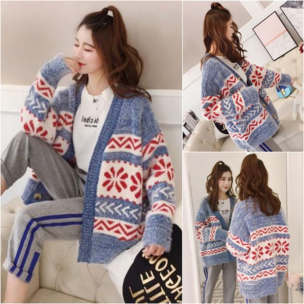 คาร์ดิแกนกันหนาวรุ่นหนา เสื้อคลุมไหมพรมขนนุ่มถักลายวินเทจ (12275B)