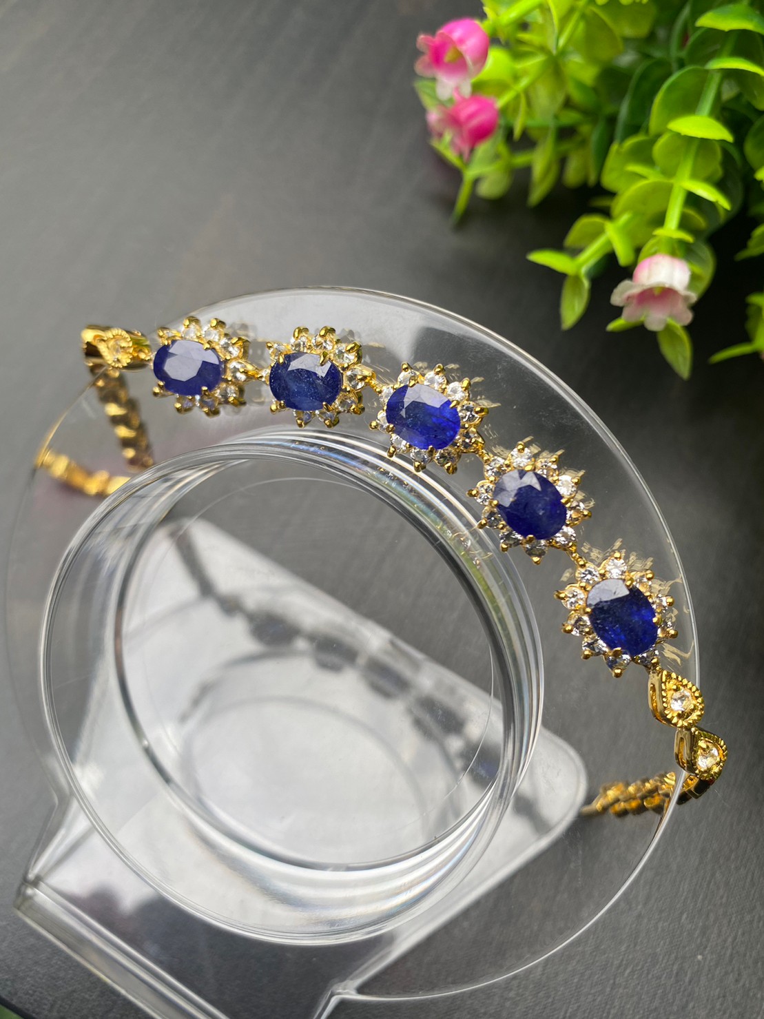 สร้อยข้อมือ พลอยแท้ ไพลิน Blue Sapphire Bracelet 14 กะรัต 5 เม็ด พลอยแท้ อัญมณีมงคลประจําวันเกิด เครื่องประดับพลอย