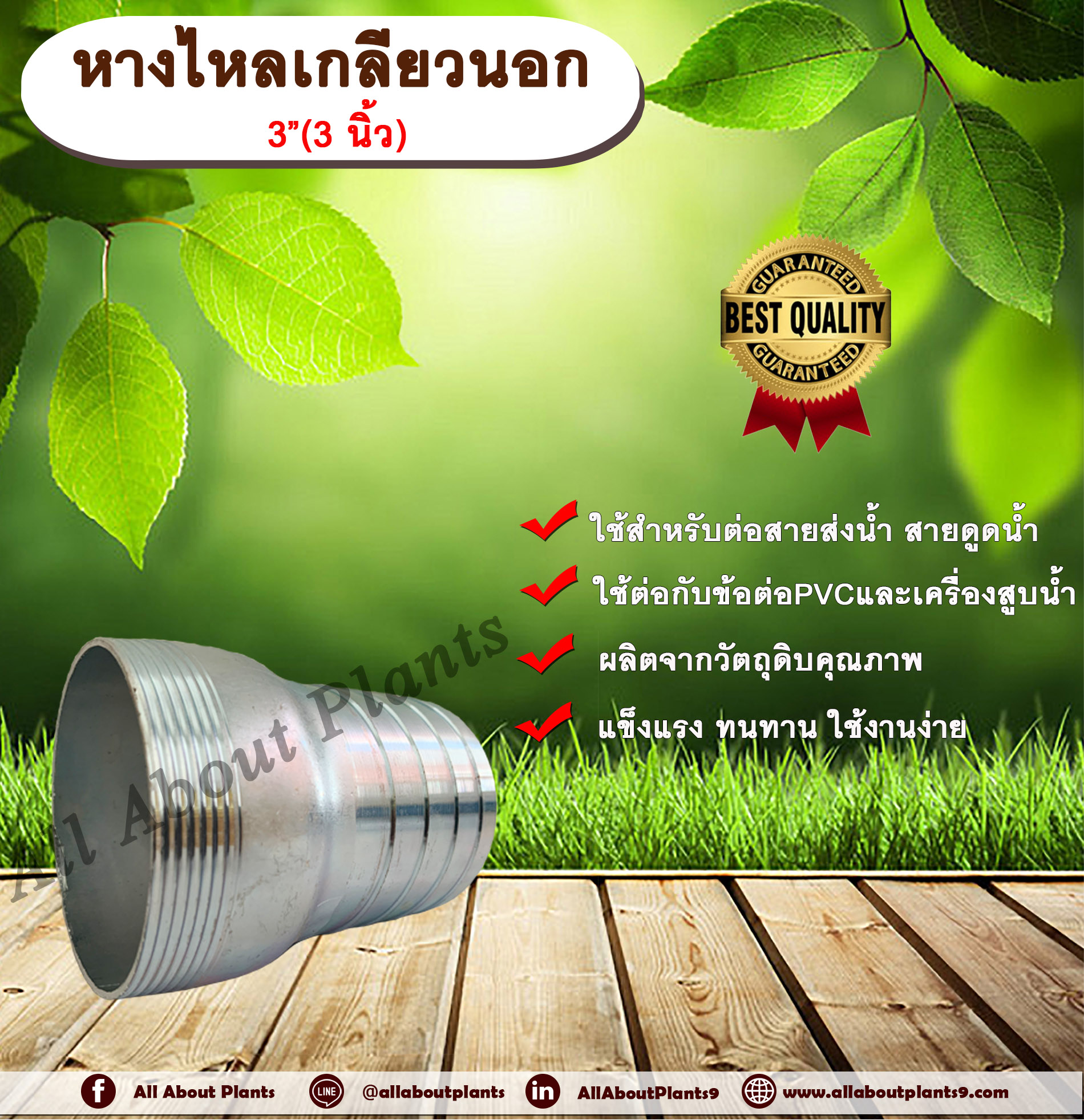 หางไหลเกลียวนอก ขนาด 3 นิ้ว(3”) หางไหลข้างเดียว เกลียวนอก หางไหลเกลียวนอก ข้อต่อสายส่งน้ำ ข้อต่อสายดูดน้ำ ข้อต่อสายส่งน้ำผ้าใบ หางไหล แป๊บรีดเกลียวนอก แป๊บเหล็ก แป๊บต่อสายยาง allaboutplants ชิ้น