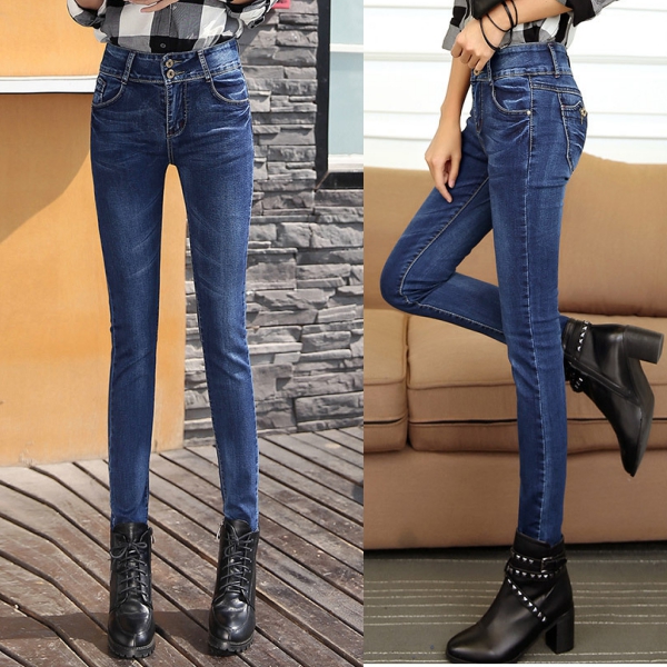 กางเกงยีนส์กันหนาวเอวปกติ ทรงสลิม ซับกำมะหยี่ใส่ติดลบได้ (11716X)