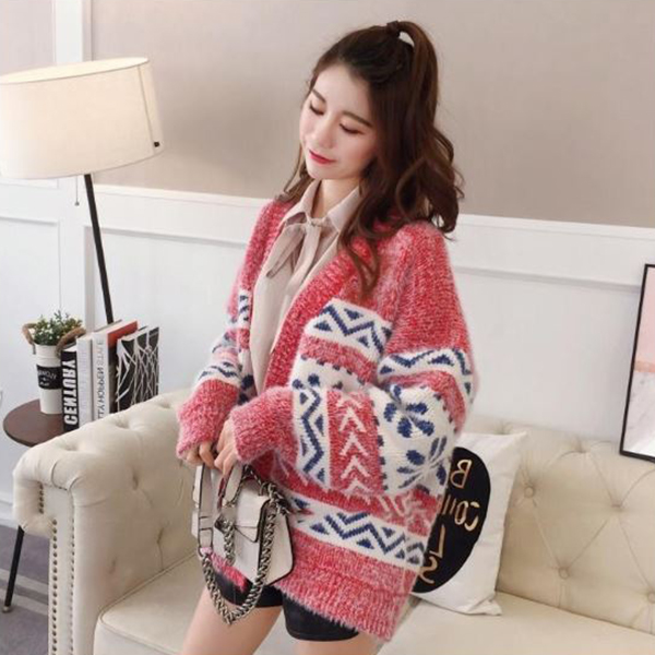 คาร์ดิแกนกันหนาวรุ่นหนา เสื้อคลุมไหมพรมขนนุ่มถักลายวินเทจ (12275B)