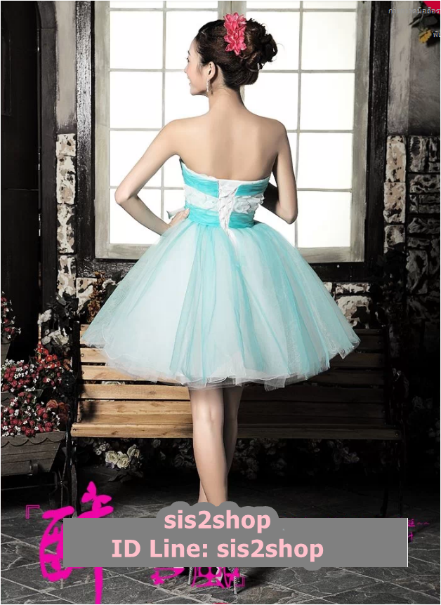 พร้อมเช่า ชุดแฟนซี ชุดราตรีสั้น สีฟ้า เกาะอก แต่งดอกไม้ช่วงอก กระโปรงพองสวย