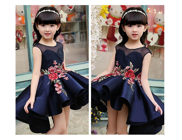 Pre-order ชุดราตรีเด็ก ชุดออกงาน ชุดแฟนซี ชุดกระโปรง สไตล์เจ้าหญิง แขนกุด ผ้าลูกไม้ช่วงอก แต่งดอกไม้ช่วงเอว กระโปรงผ้าไหมดัชเชต ปล่อยชายยาว มีซิปหลัง