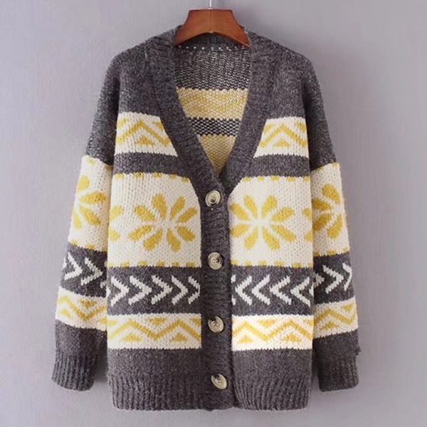 CARDIGAN เสื้อคลุมไหมพรมคอวี ผ้าหนานุ่มถักลายวินเทจ (12270B)