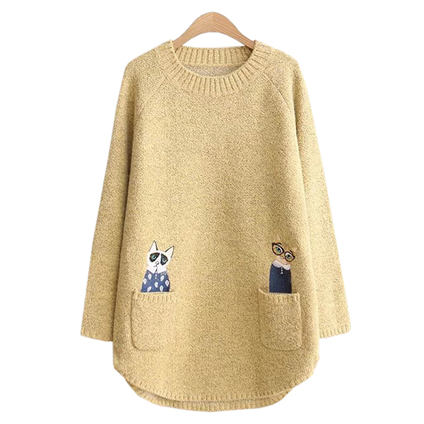 เสื้อไหมพรมวูลหนานุ่มตัวยาว แต่งกระเป๋าคู่ปักลายแมวน่ารัก (12348LM)