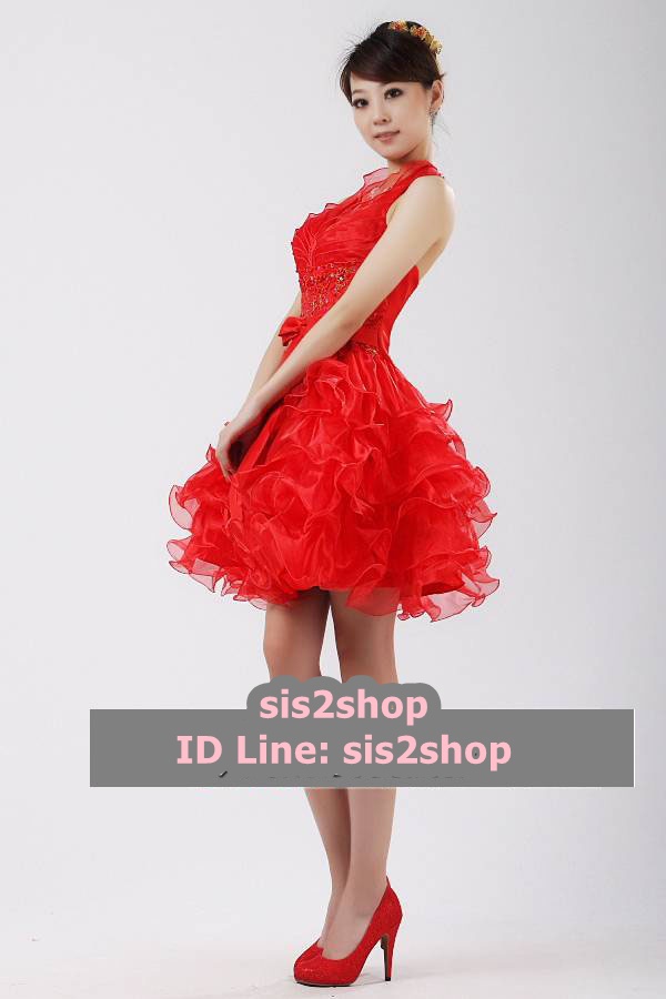 พร้อมเช่า ชุดแฟนซี ชุดราตรีสั้น สีแดง คล้องคอ กระโปรงระบาย ทรงฟูสวย สำเนา